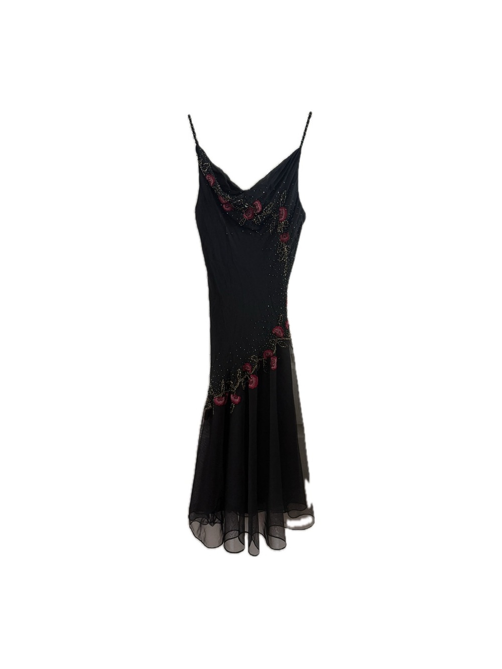 Xscape 100% Silk Beaded Black Dress with Pink Floral Embroidery Vintage